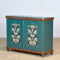 Originele antieke Zweedse kast met blauwgroene beschildering in folklorestijl, anno 1906